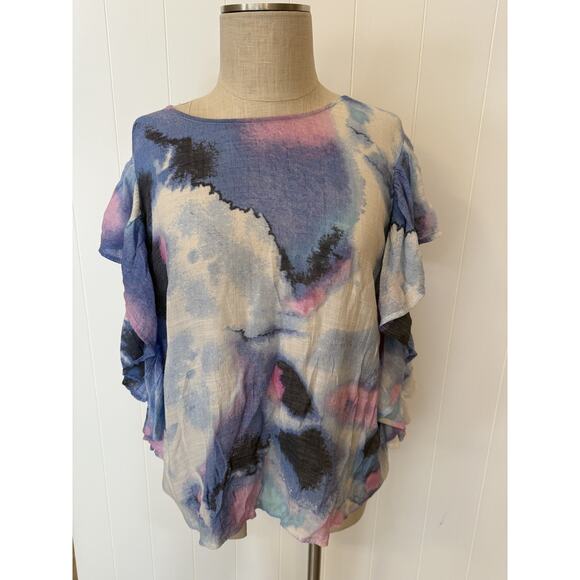 Zac & Rachel Blouse Womens Large Ruffle Sleeve Watercolor Top Lightweight Flowy - Picture 2 of 9